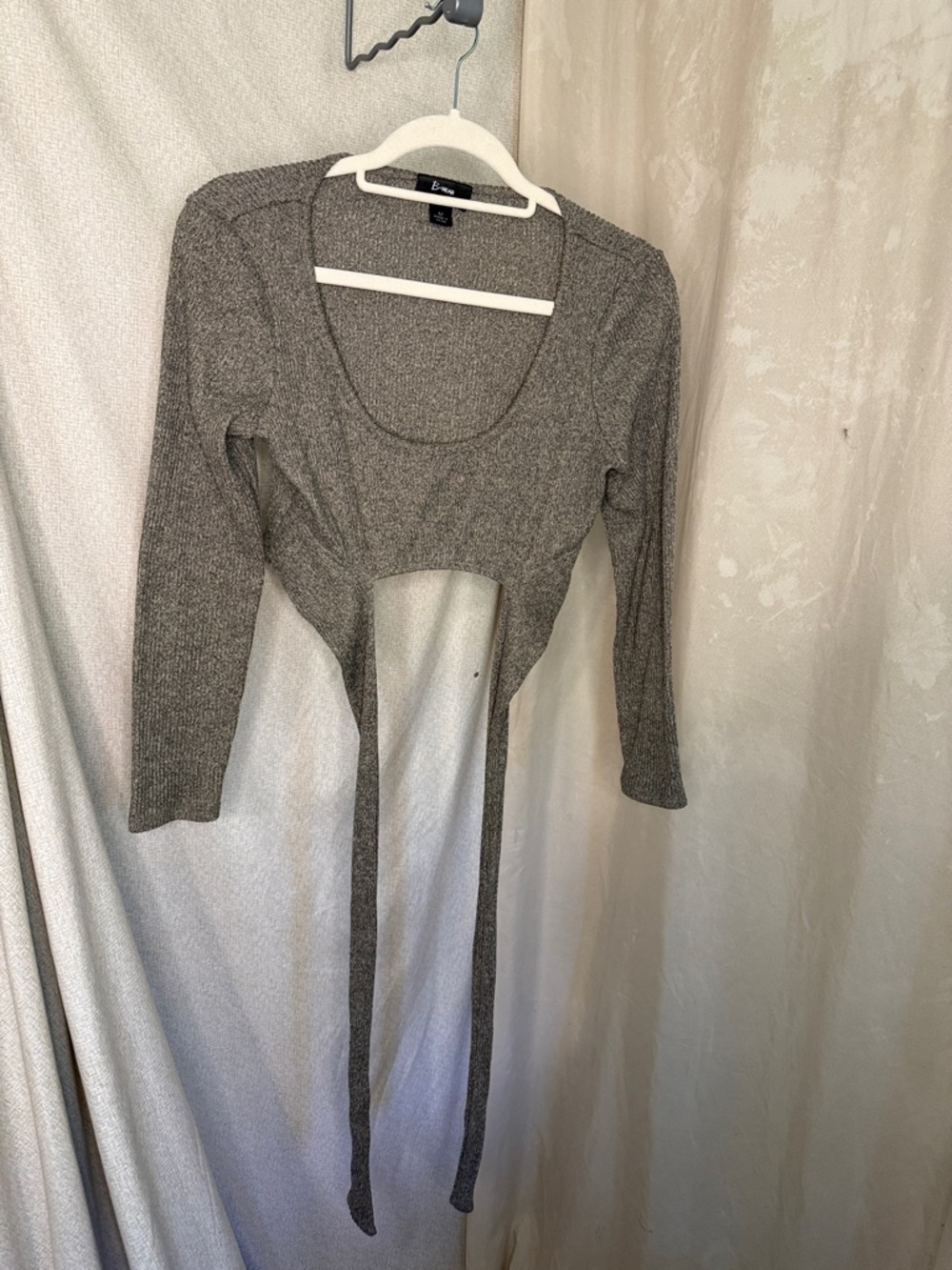 Gray Ribbed Cropped Knit Top with Tie Front